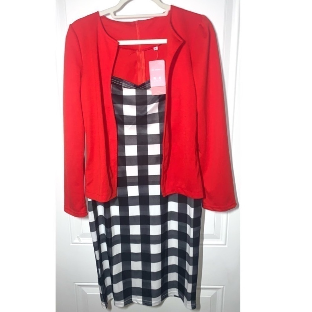 Xinfu Checkered Midi dress with attached Red jacket New size XL - Picture 1 of 6
